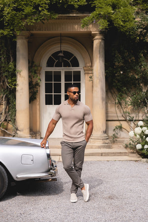 Fine Cable Knitted Polo Shirt in Stone - TAILORED ATHLETE - USA