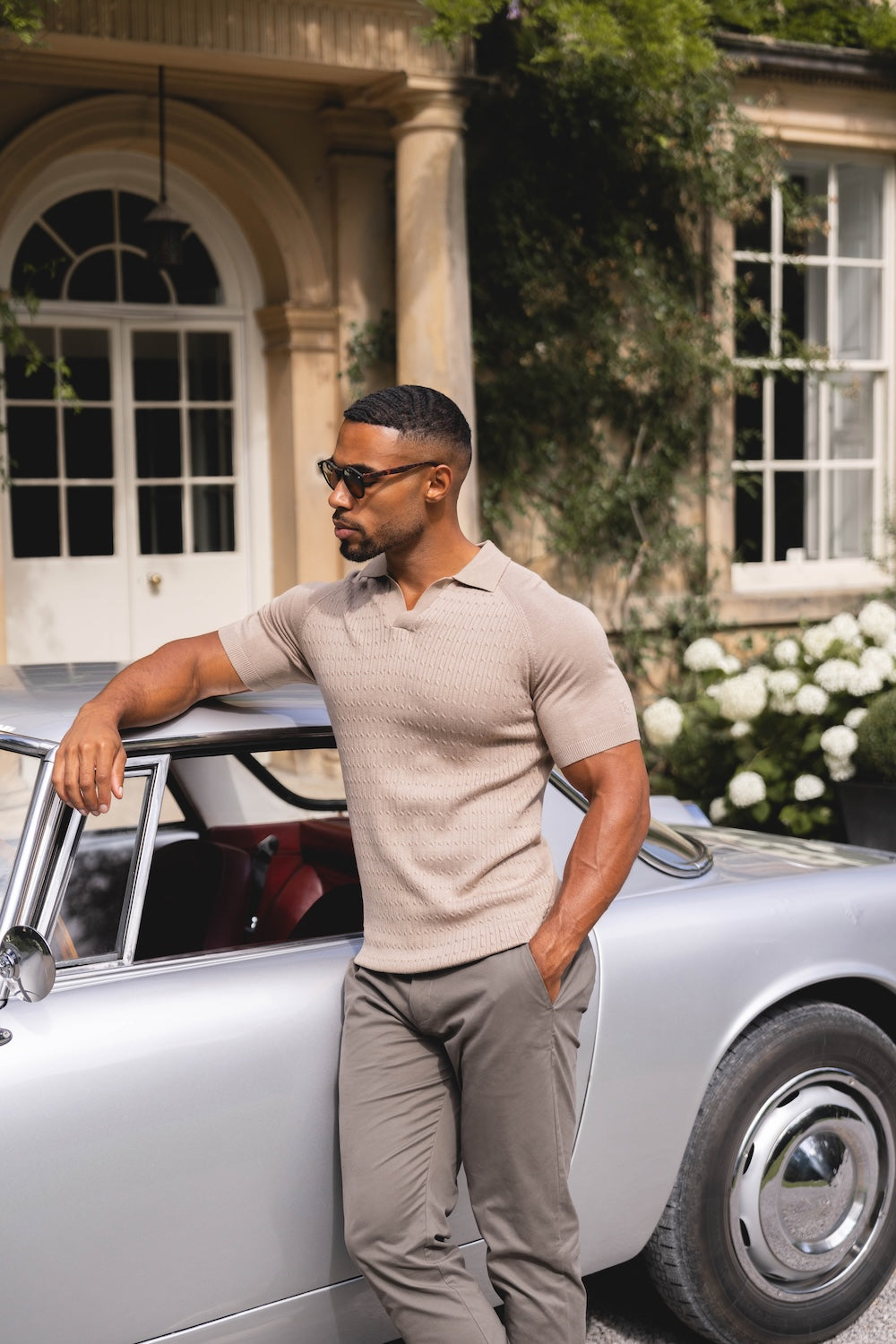 Fine Cable Knitted Polo Shirt in Stone - TAILORED ATHLETE - USA