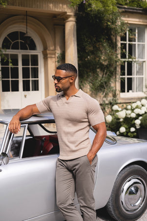 Fine Cable Knitted Polo Shirt in Stone - TAILORED ATHLETE - USA