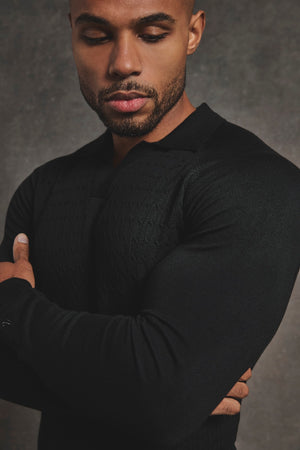 Fine Cable Knitted Polo Shirt in Black - TAILORED ATHLETE - USA