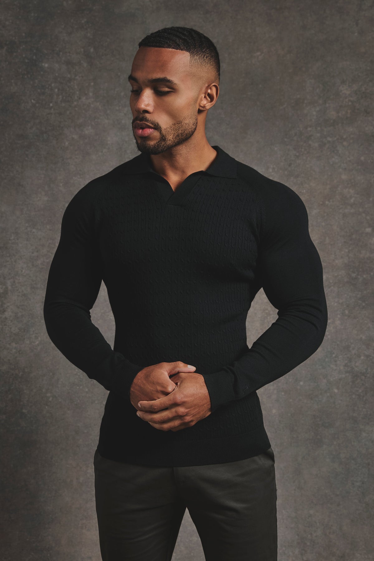 Fine Cable Knitted Polo Shirt in Black - TAILORED ATHLETE - USA