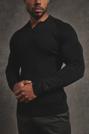 Fine Cable Knitted Polo Shirt in Black - TAILORED ATHLETE - USA