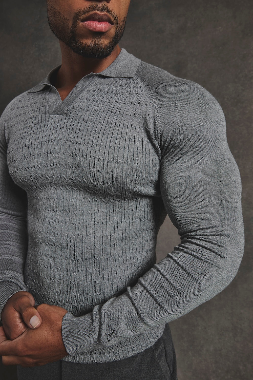 Fine Cable Knitted Polo Shirt in Grey Marl - TAILORED ATHLETE - USA