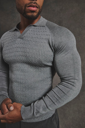 Fine Cable Knitted Polo Shirt in Grey Marl - TAILORED ATHLETE - USA