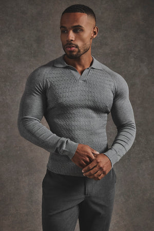 Fine Cable Knitted Polo Shirt in Grey Marl - TAILORED ATHLETE - USA