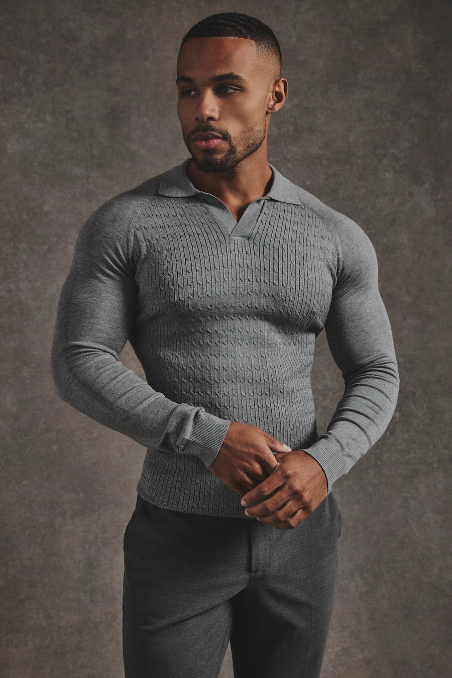Fine Cable Knitted Polo Shirt in Grey Marl - TAILORED ATHLETE - USA