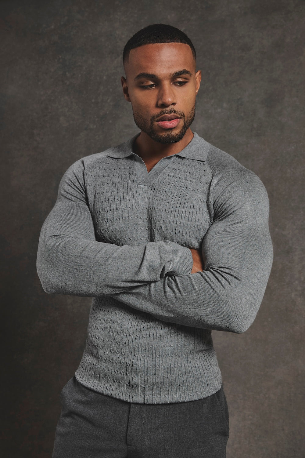 Fine Cable Knitted Polo Shirt in Grey Marl - TAILORED ATHLETE - USA