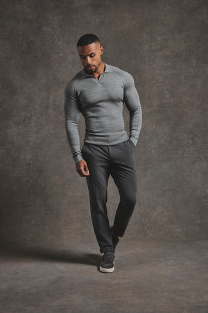 Fine Cable Knitted Polo Shirt in Grey Marl - TAILORED ATHLETE - USA