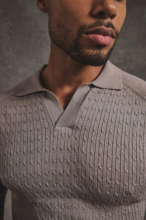 Fine Cable Knitted Polo Shirt in Neutral Marl - TAILORED ATHLETE - USA