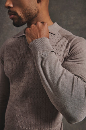 Fine Cable Knitted Polo Shirt in Neutral Marl - TAILORED ATHLETE - USA