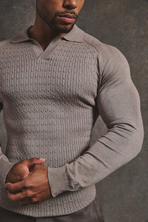 Fine Cable Knitted Polo Shirt in Neutral Marl - TAILORED ATHLETE - USA