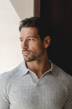 Fisherman Rib Open Collar Polo Shirt in Soft Grey Marl - TAILORED ATHLETE - USA