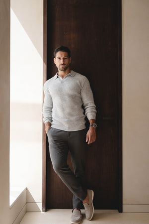 Fisherman Rib Open Collar Polo Shirt in Soft Grey Marl - TAILORED ATHLETE - USA