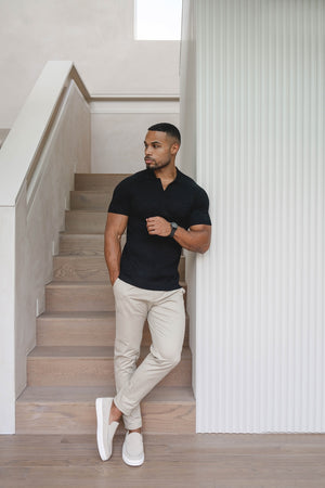 Fine Cable Knitted Polo Shirt in Black - TAILORED ATHLETE - USA