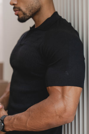 Fine Cable Knitted Polo Shirt in Black - TAILORED ATHLETE - USA