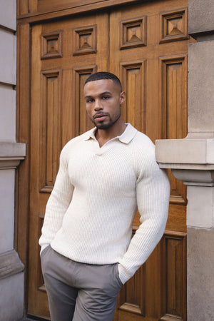 Fisherman Rib Open Collar Polo Shirt in Winter White - TAILORED ATHLETE - USA