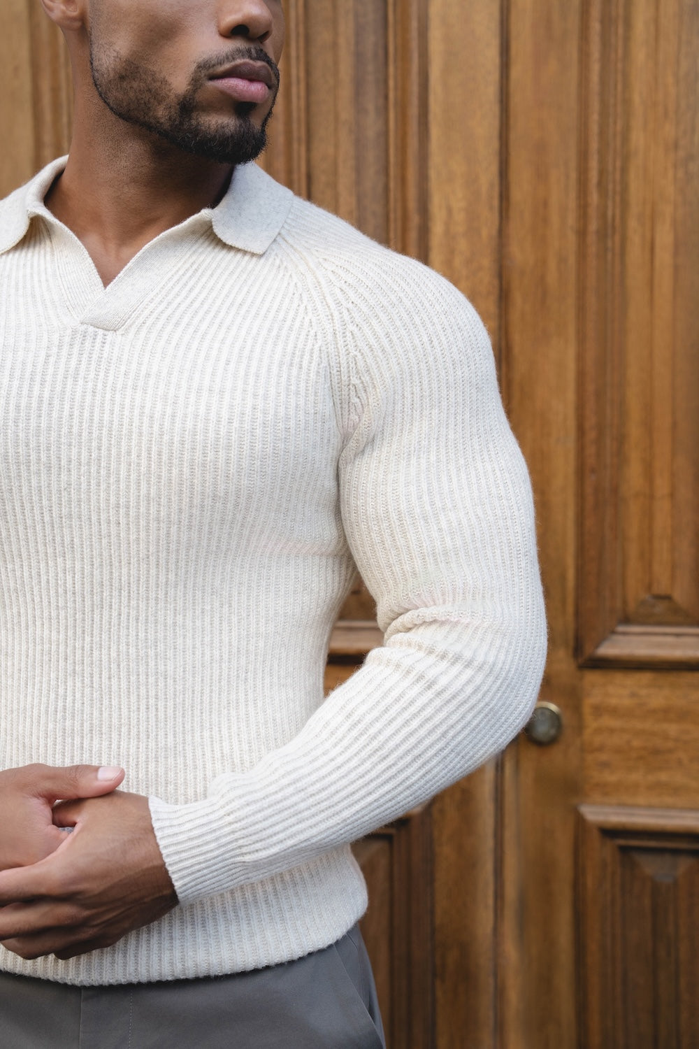 Fisherman Rib Open Collar Polo Shirt in Winter White - TAILORED ATHLETE - USA