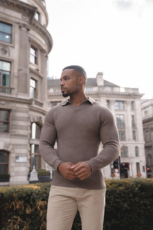 Fisherman Rib Open Collar Polo Shirt in Brown - TAILORED ATHLETE - USA