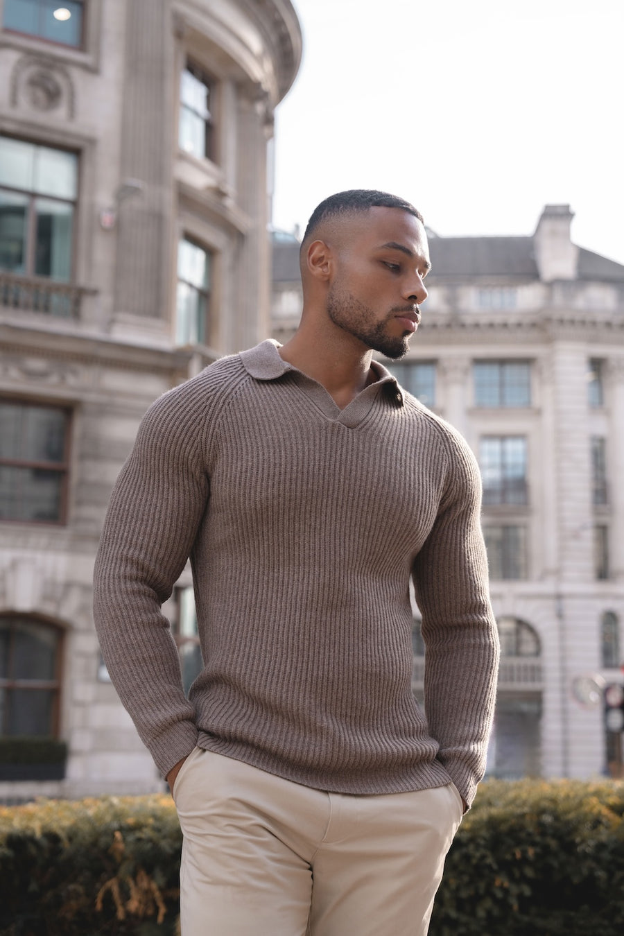 Fisherman Rib Open Collar Polo Shirt in Brown - TAILORED ATHLETE - USA