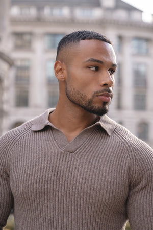 Fisherman Rib Open Collar Polo Shirt in Brown - TAILORED ATHLETE - USA