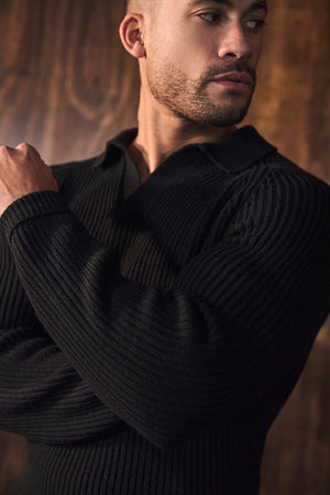 Fisherman Rib Open Collar Polo Shirt in Black - TAILORED ATHLETE - USA