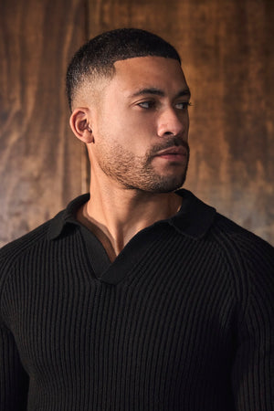 Fisherman Rib Open Collar Polo Shirt in Black - TAILORED ATHLETE - USA