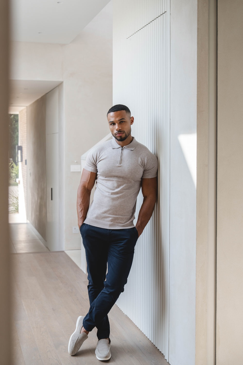 Knitted Half Zip Neck Polo in Oatmeal - TAILORED ATHLETE - USA