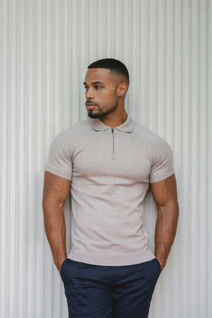Knitted Half Zip Neck Polo in Oatmeal - TAILORED ATHLETE - USA