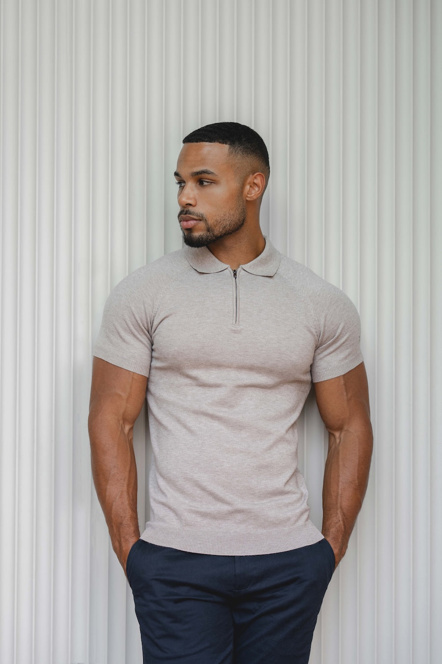 Knitted Half Zip Neck Polo in Oatmeal - TAILORED ATHLETE - USA