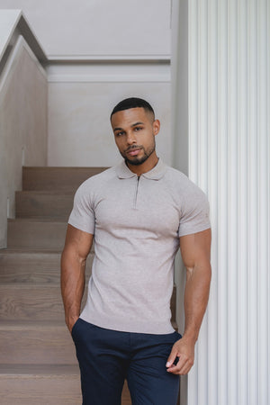 Knitted Half Zip Neck Polo in Oatmeal - TAILORED ATHLETE - USA