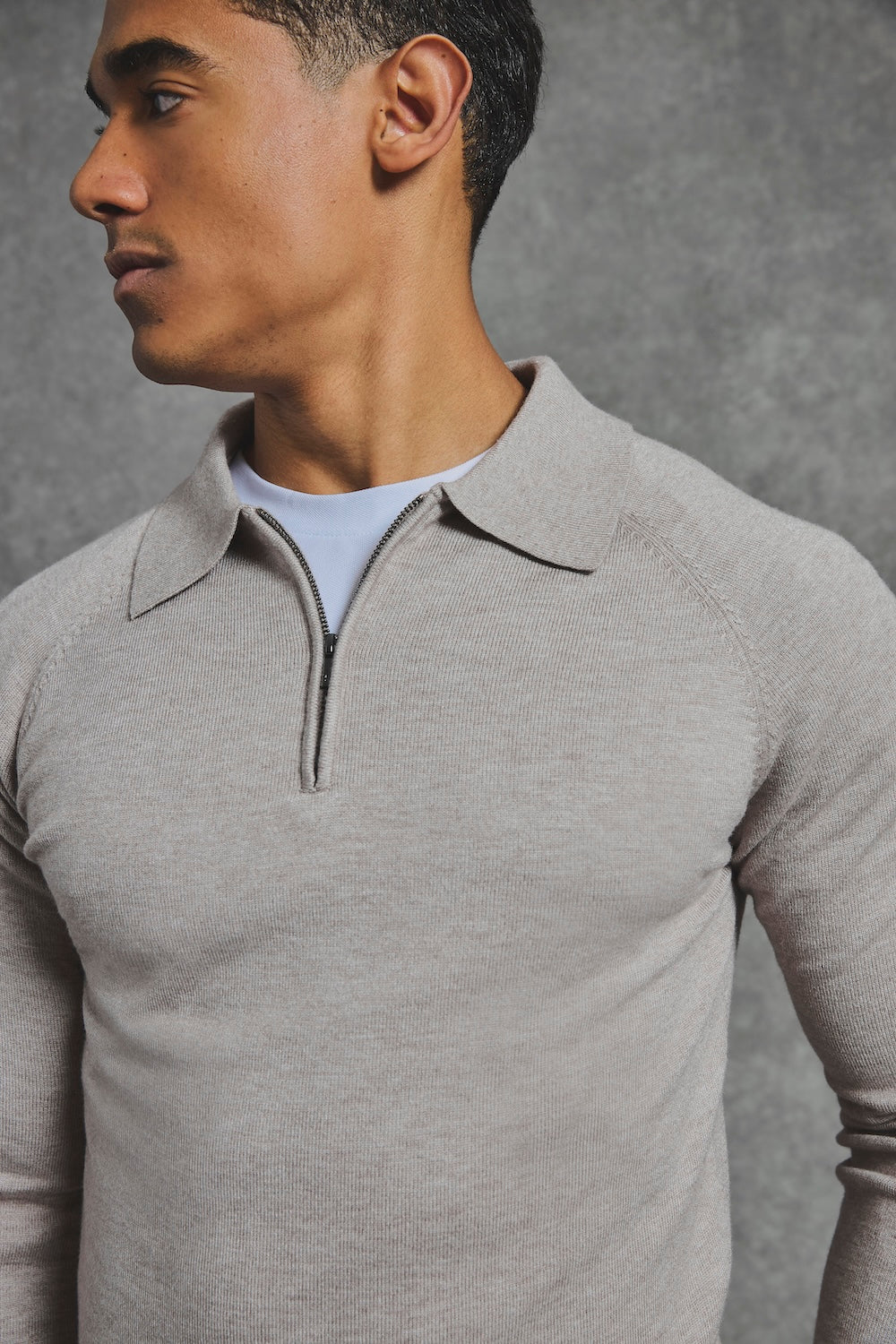 Knitted Half Zip Polo Shirt in Dark Oatmeal - TAILORED ATHLETE - USA