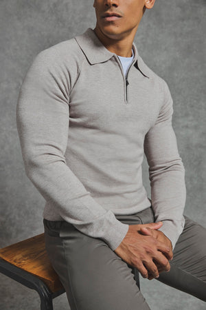 Knitted Half Zip Polo Shirt in Dark Oatmeal - TAILORED ATHLETE - USA