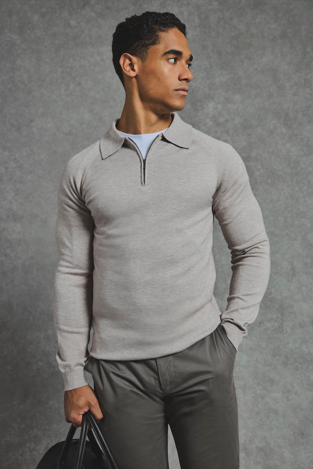 Knitted Half Zip Polo Shirt in Dark Oatmeal - TAILORED ATHLETE - USA