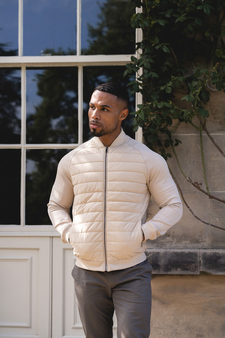 Quilted Hybrid Bomber Jacket in Neutral - TAILORED ATHLETE - USA