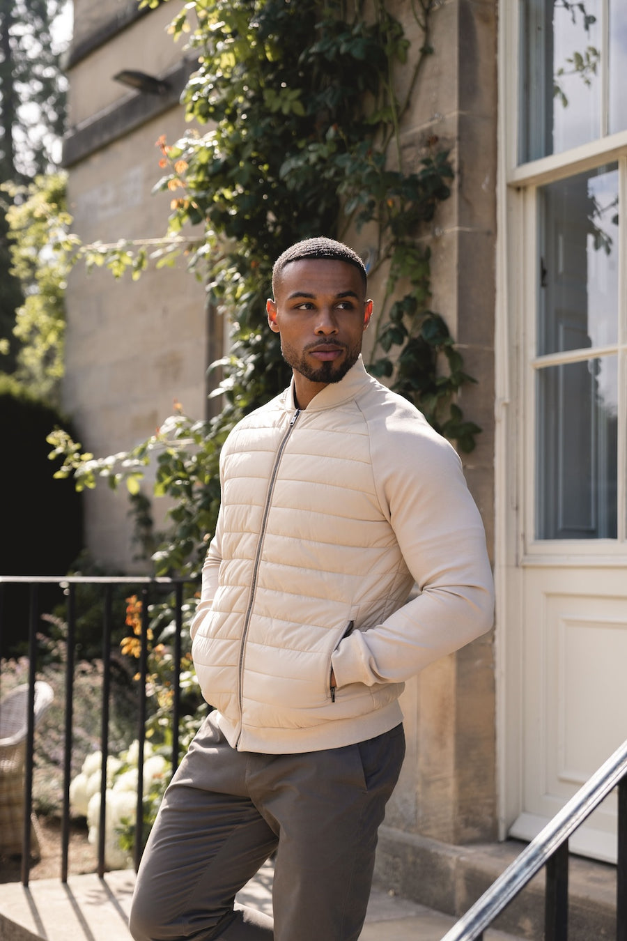 Quilted Hybrid Bomber Jacket in Neutral - TAILORED ATHLETE - USA