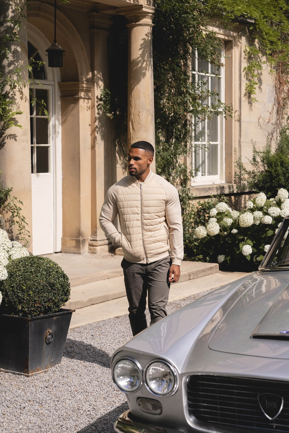 Quilted Hybrid Bomber Jacket in Neutral - TAILORED ATHLETE - USA