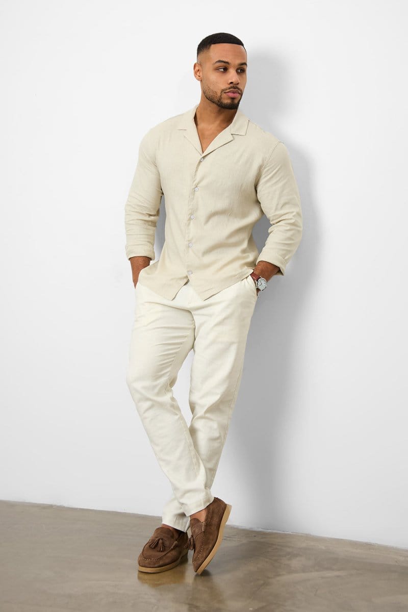 Linen Blend Cuban Collar Shirt in Stone - TAILORED ATHLETE - USA