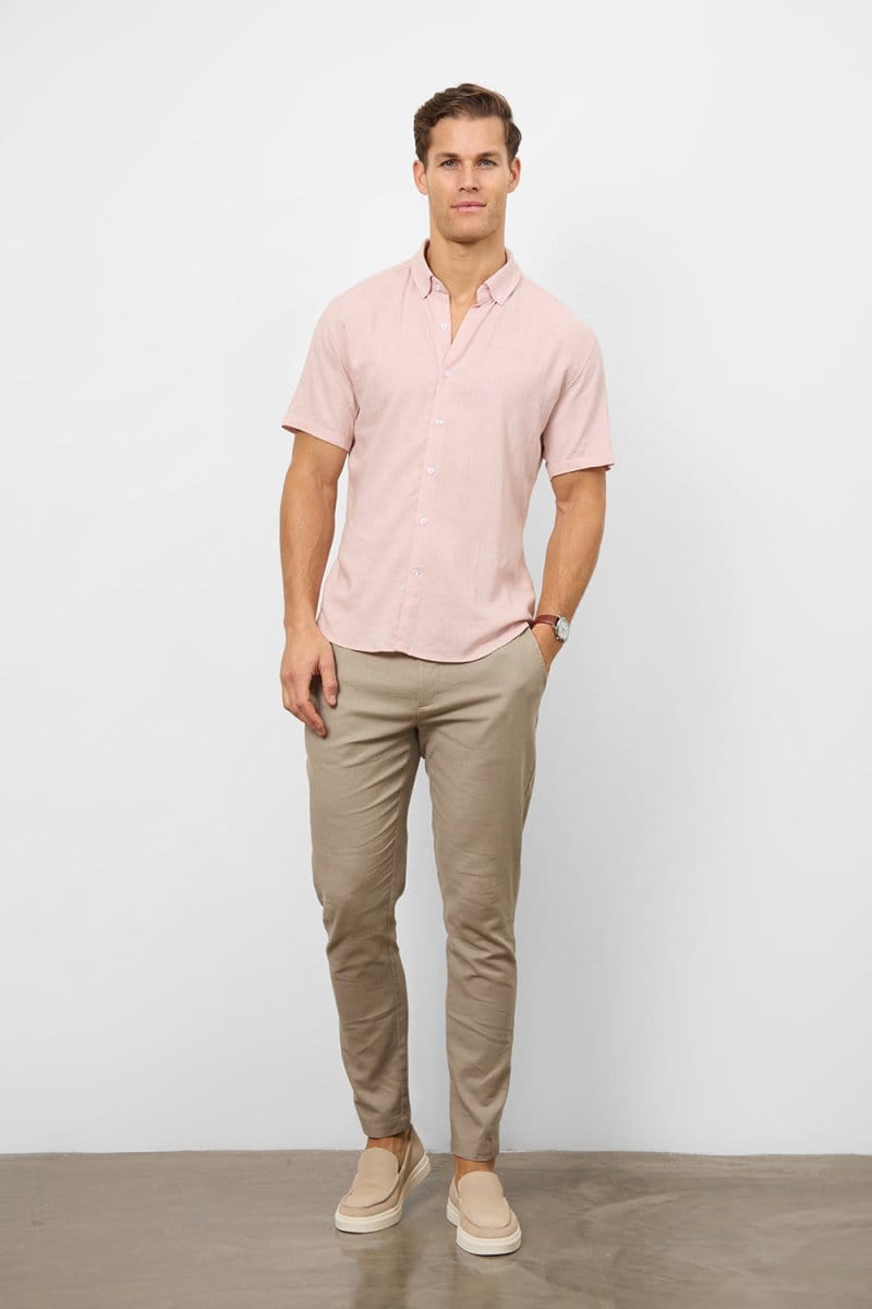 Linen Blend Button Through Shirt in Pink - TAILORED ATHLETE - USA