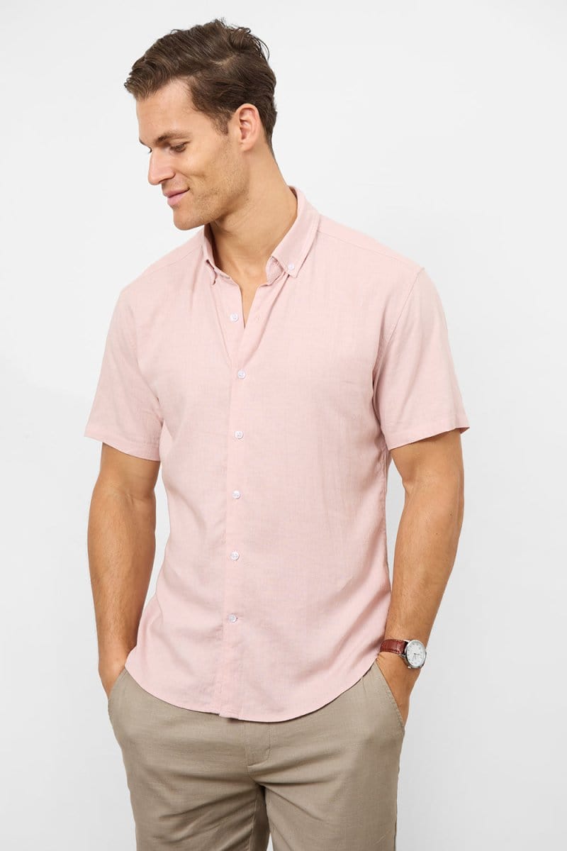 Linen Blend Button Through Shirt in Pink - TAILORED ATHLETE - USA