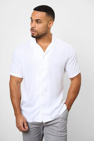Linen Blend Cuban Collar Shirt in White - TAILORED ATHLETE - USA