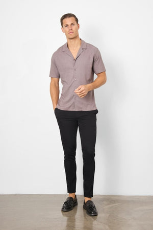 Linen Blend Cuban Collar Shirt in Truffle - TAILORED ATHLETE - USA