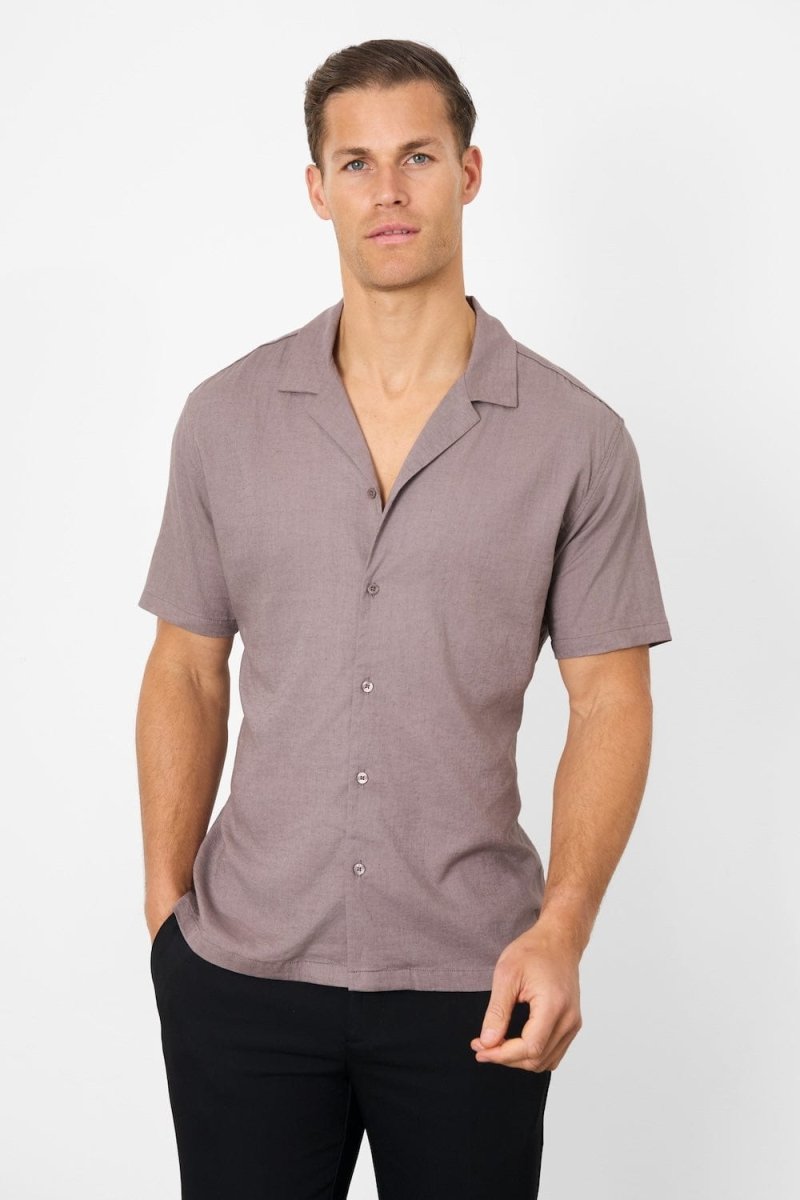Linen Blend Cuban Collar Shirt in Truffle - TAILORED ATHLETE - USA