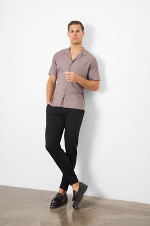 Linen Blend Cuban Collar Shirt in Truffle - TAILORED ATHLETE - USA