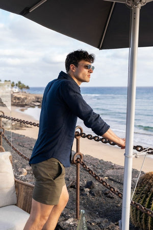 Linen Blend Button Through Shirt in Navy - TAILORED ATHLETE - USA