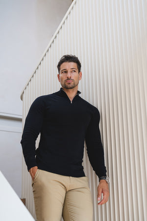 Extra Fine Merino Wool Half Zip Neck Sweater in Black - TAILORED ATHLETE - USA
