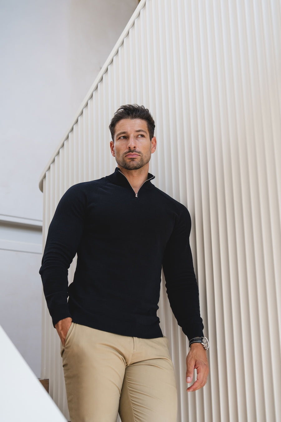 Extra Fine Merino Wool Half Zip Neck Sweater in Black - TAILORED ATHLETE - USA