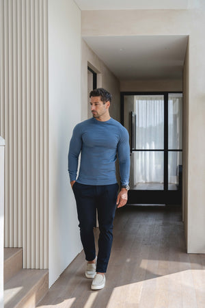 Extra Fine Merino Wool Crew Neck Sweater in Airforce Blue - TAILORED ATHLETE - USA