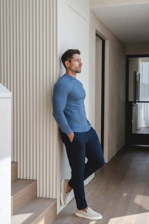 Extra Fine Merino Wool Crew Neck Sweater in Airforce Blue - TAILORED ATHLETE - USA