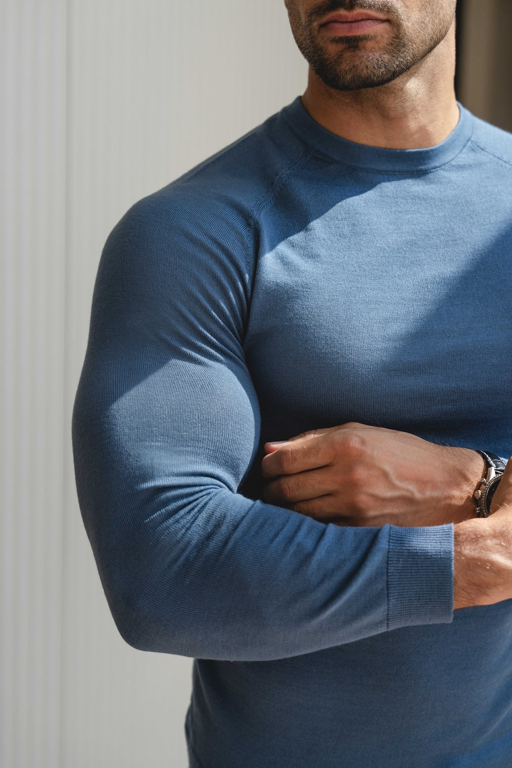 Extra Fine Merino Wool Crew Neck Sweater in Airforce Blue - TAILORED ATHLETE - USA