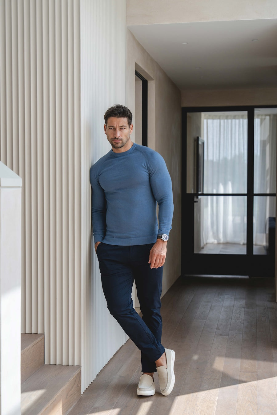 Extra Fine Merino Wool Crew Neck Sweater in Airforce Blue - TAILORED ATHLETE - USA